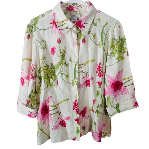 dandy by randi m Floral Linen Button Down Quarter Sleeve Blouse Size L - Picture 1 of 6